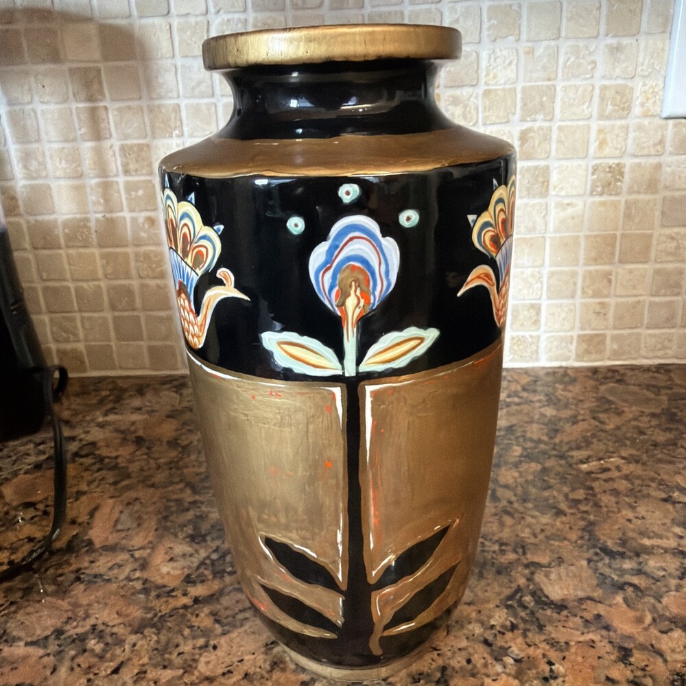 Antique Kinkozan Satsuma Art Deco Vase-Floral Hand Painted Japan 1920s 10x6